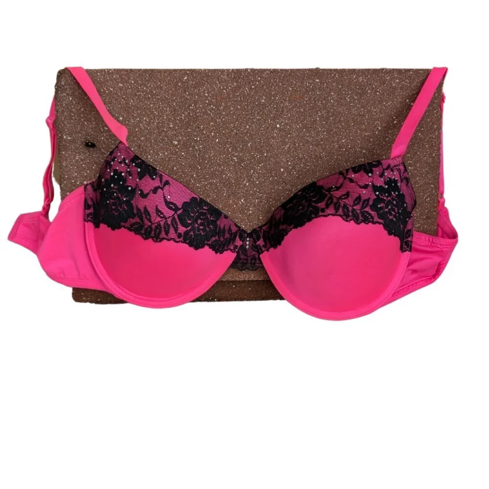 38 D Hot Pink Black Lace Underwire Rhinestone Detail - Picture 5 of 6